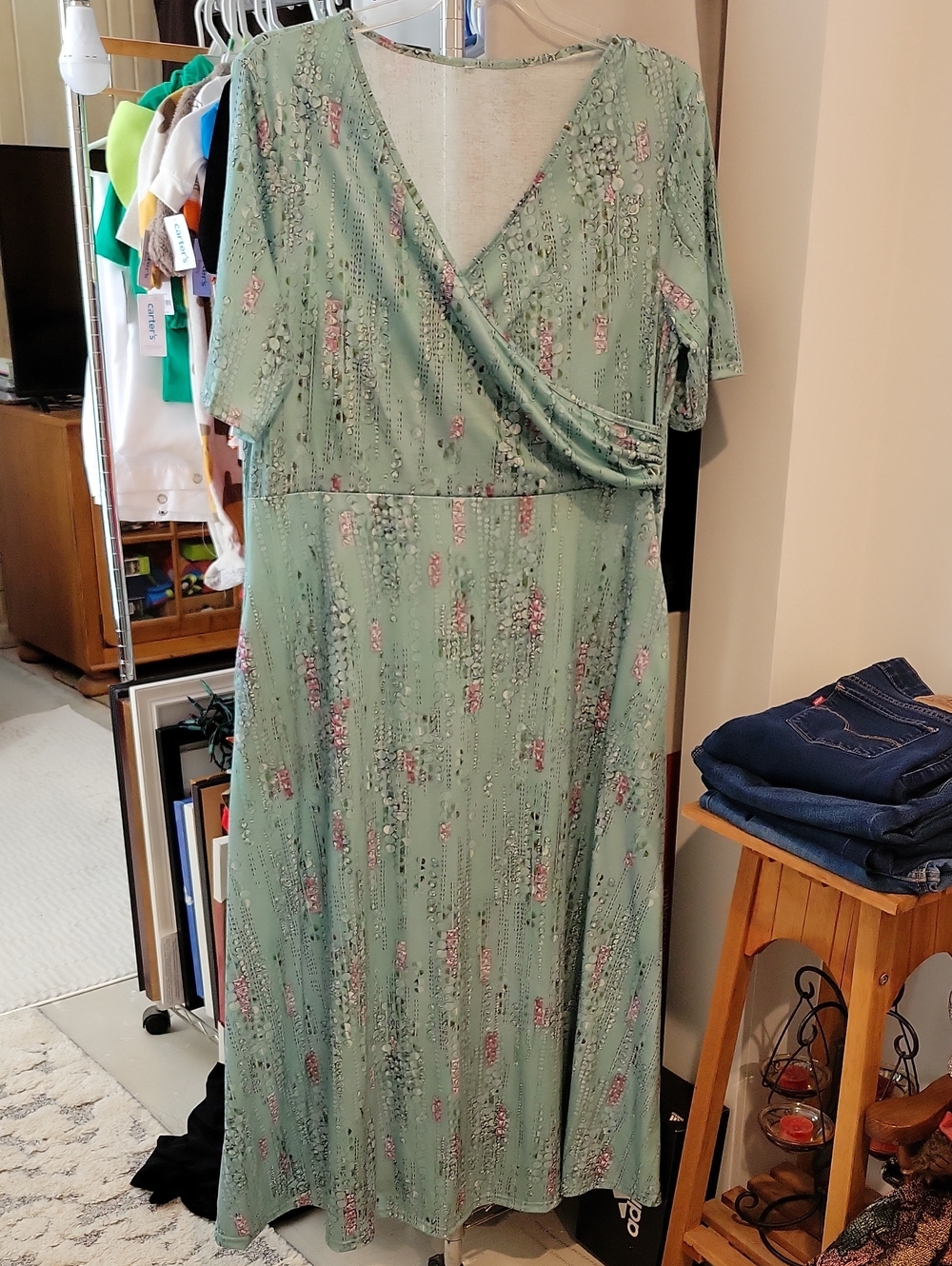 Mint Green Floral Wrap Midi Dress - Women